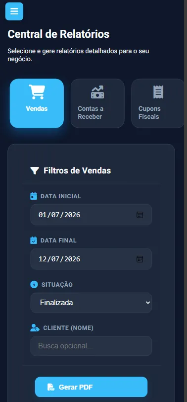Central de relatórios do NX Automação com geração de PDF para vendas, contas a receber e cupons fiscais