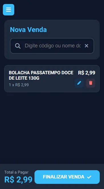 Tela de nova venda do PDV NX Automação com busca inteligente de produto por código ou nome