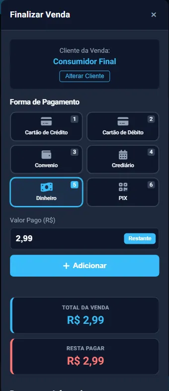 Finalização de venda com formas de pagamento