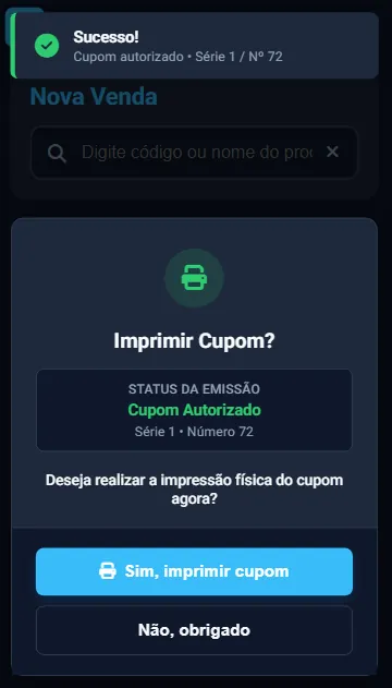 Cupom NFC-e autorizado com opção de impressão