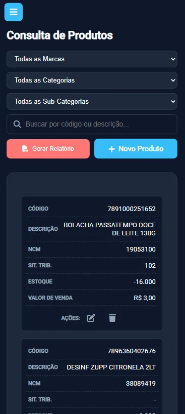 Consulta de produtos com filtros do NX Automação